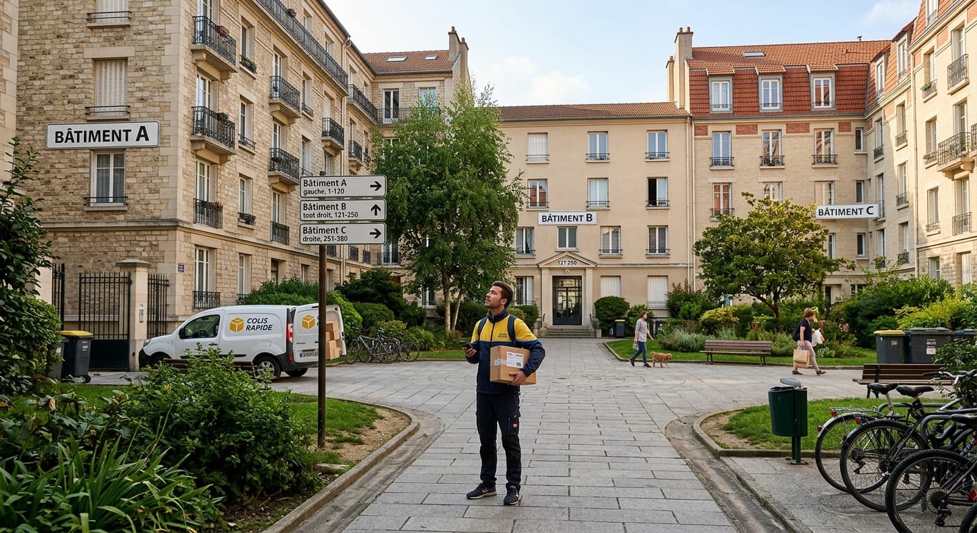 Livreur cherchant le bon bâtiment dans une résidence pendant sa tournée
